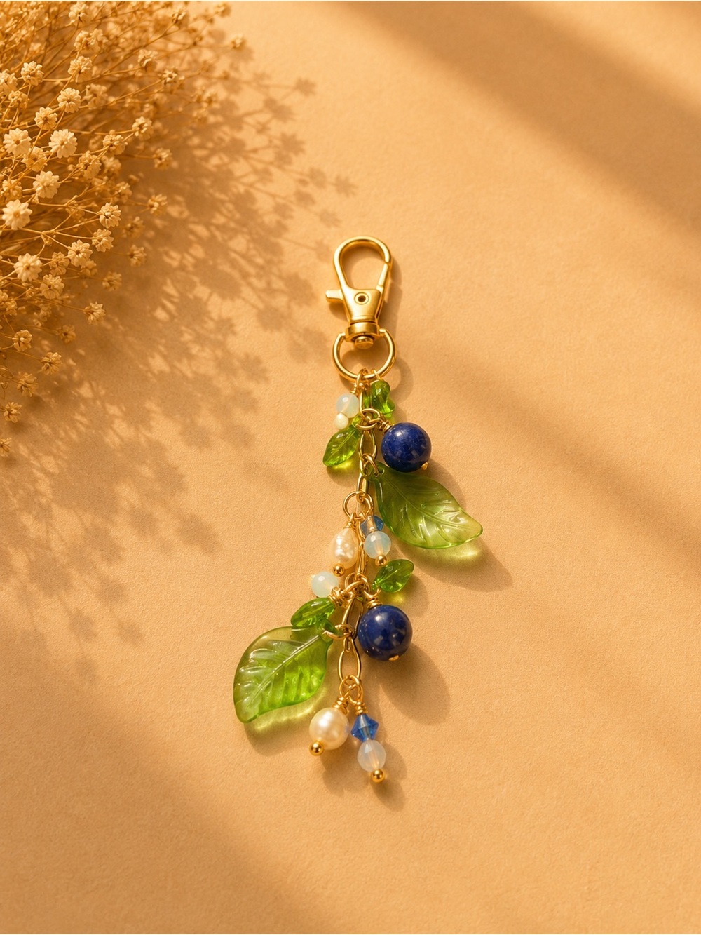 Green Leaf & Blue Bead Charm Keychain - Unbranded